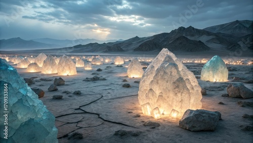 Wallpaper Mural Ethereal Glowing Crystals in Arid Mountain Landscape at Twilight Torontodigital.ca