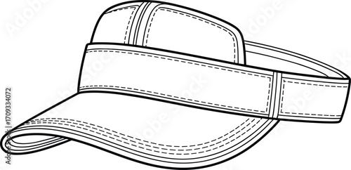 Black and white detailed line art of a visor cap with stitched design, adjustable strap, and curved brim, isolated drawing.