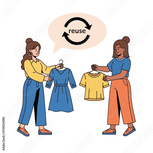 Promoting sustainable fashion and textile reuse, two women exchange clothes in a friendly and eco-conscious manner to support a circular economy