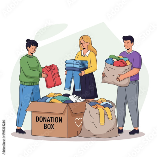 People actively participate in a community clothing drive, sorting and packing garments into donation boxes and bags, highlighting themes of generosity and social support