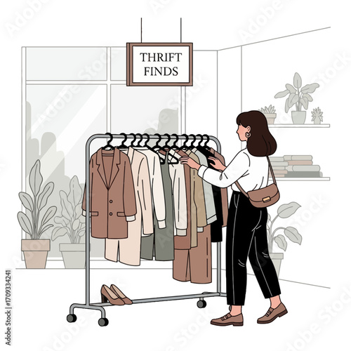 Stylish female character choosing sustainable fashion from a rack of pre-loved clothes at a consignment store