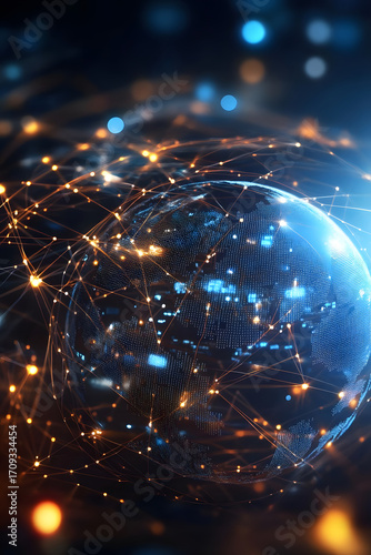 Global network, digital data, futuristic technology, glowing earth, cyber connection