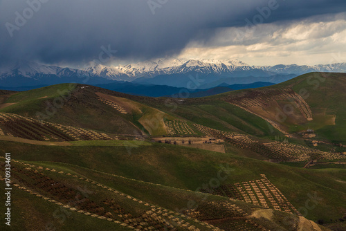 Green Hills and Snowy Mountains – Scenic Landscape Under Stormy Sky