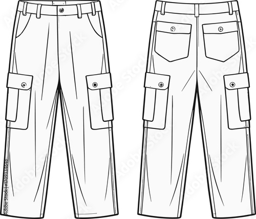 Cargo pants vector, front and back view, technical flat sketch, utility trousers design, pocket details, fashion template, casual wear