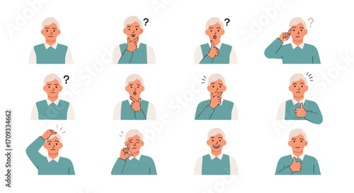 Senior man expresses a variety of emotions with facial expressions and hand gestures while thinking