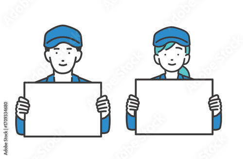 フリップを持つ男女の作業員のベクターイラスト素材