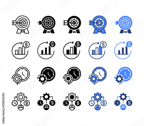 Effectiveness, Return On Investment, Time Efficiency, Resource Allocation, multiple style icon set.