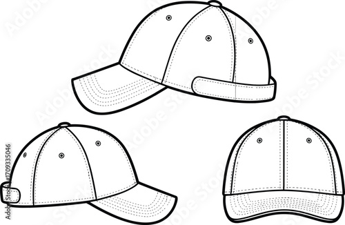 Baseball cap vector, hat technical sketch, adjustable sports cap, fashion flat drawing, headwear template, front side back view