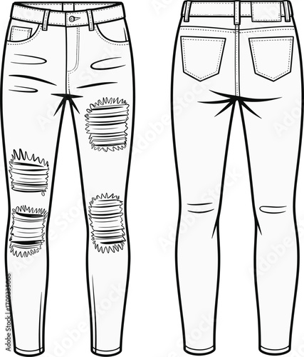 Skinny ripped jeans, front and back view, distressed denim pants, fashion sketch, torn knee jeans, trendy women's wear, vector illustration