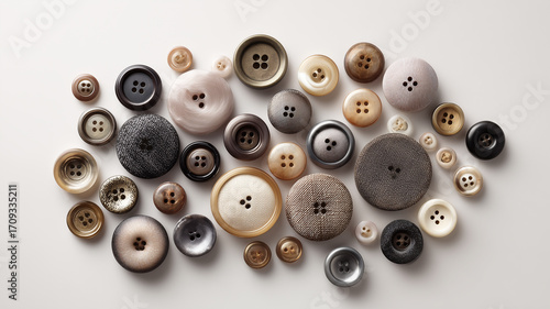 Assorted buttons collection on white surface