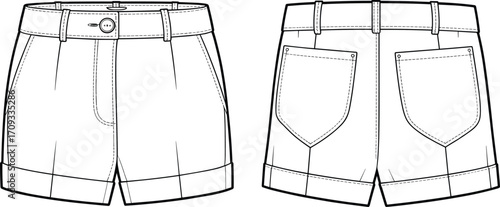 Women’s cuffed shorts with front and back view, flat sketch template, casual summer fashion apparel design for clothing production