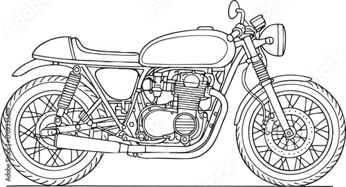 Minimal vector line art of a single detailed motorbike on a pure white background.