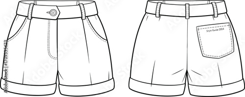 Women’s turn-up cuff shorts front and back view, flat fashion sketch, casual summer apparel design template for clothing manufacturers