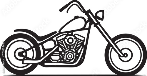 Minimal vector line art of a single detailed motorbike on a pure white background.