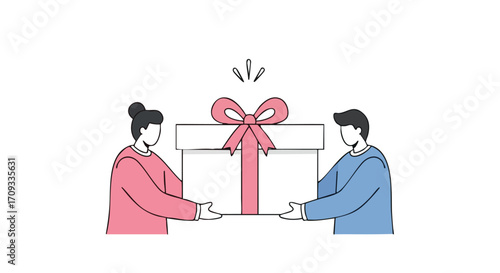 Give the gift of joy with this charming illustration of people exchanging a present with a pink bow