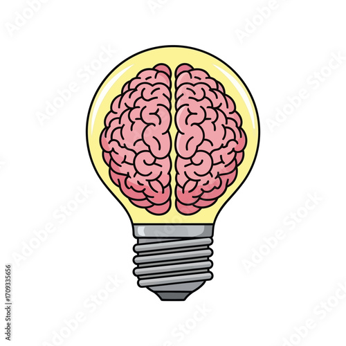 Brain inside lightbulb isolated on white background, symbolizing idea generation, creative thinking, and innovative solutions, representing intelligence and inspiration
