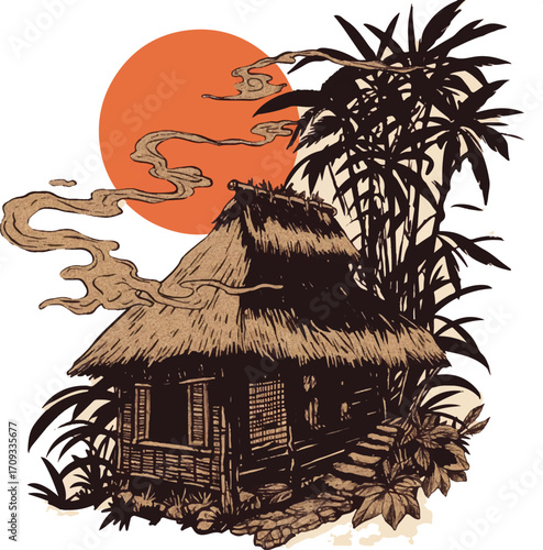 Tropical Paradise Illustration: An idyllic illustration of a traditional thatched-roof cottage nestled amongst lush tropical foliage under a vibrant sun.