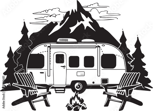 Camping Illustration: A serene outdoor scene of a travel trailer amidst majestic mountains, creating an atmosphere of adventure and relaxation.
