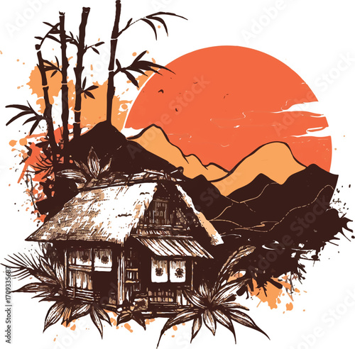 Tranquil Japanese Scene: A hand-drawn illustration of a traditional Japanese hut nestled amidst bamboo, foliage, and a radiant sunset silhouette, capturing the essence of serenity and cultural beauty.