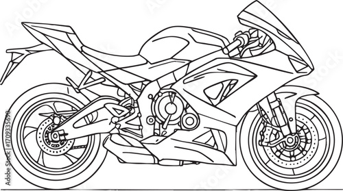 Minimal vector line art of a single detailed motorbike on a pure white background.