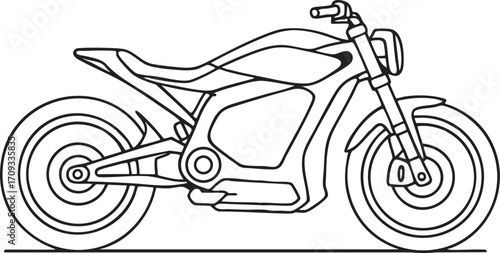Minimal vector line art of a single detailed motorbike on a pure white background.