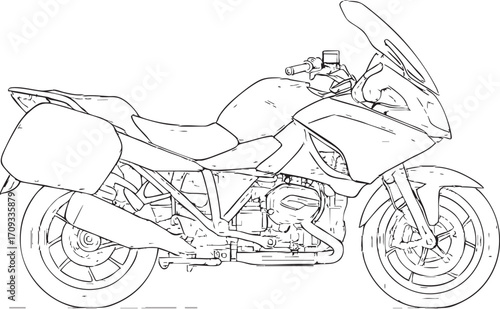 Minimal vector line art of a single detailed motorbike on a pure white background.