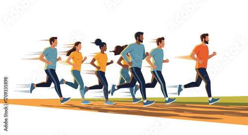 Group of diverse people jogging together outdoors.