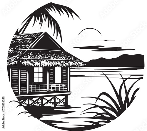 Tranquil Seaside Cottage: A charming seaside cottage, nestled amidst lush foliage, welcomes with the promise of peace and tranquility. Surrounded by swaying palm fronds and the soft glow of the sun.