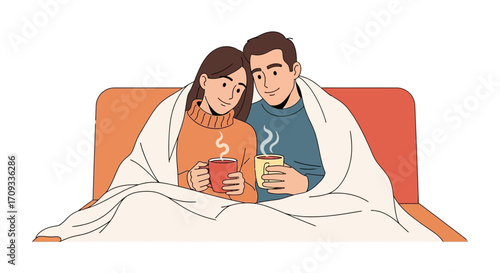 Couple relaxing together on couch under blanket.
