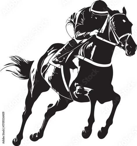 Champion Horse in Motion: An illustration captures the intensity and grace of a champion racehorse and its jockey in full stride, embodying speed and skill.
