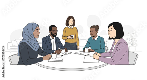 Diverse team meeting around a table.