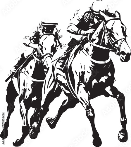 Race for Glory: A dynamic black and white illustration of two horses and jockeys in the heat of a race, embodying speed and competition.