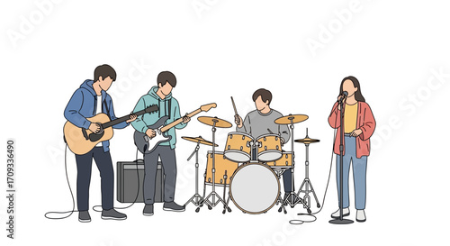 Group of young friends playing musical instruments and singing in a band. A contemporary music performance and rehearsal concept. Vector Illustration