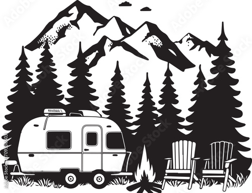 Camping Adventure: A charming black and white illustration captures the essence of a serene camping experience, featuring a cozy trailer set amidst towering pine trees and majestic mountains.