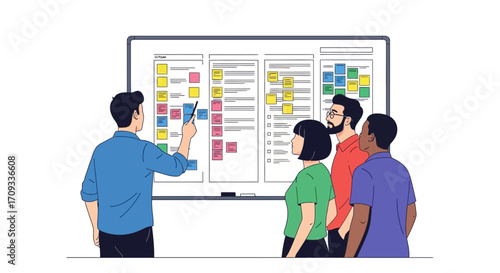 Project manager leading an agile scrum meeting, pointing at a task board with colorful notes for strategic planning. Vector Illustration