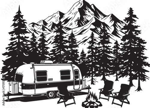 Camping Under the Mountain: An artfully drawn image showcases a detailed camping scene, complete with a recreational vehicle nestled among trees.