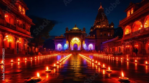 Enchanting diwali festival scene with countless diyas adorning a beautiful temple on narak chaturdashi eve