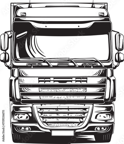 Vector-Art: Semi-Truck's Intricate Face. A close-up, detailed vector illustration showcasing the robust and imposing facade of a semi-truck, capturing its essence in clean lines and expert detail.