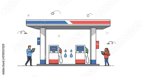 Modern illustration of a gas station with fuel pumps and two people interacting with digital devices.
