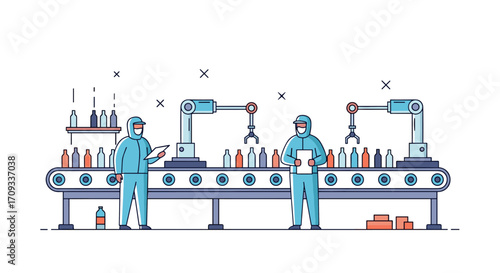 Automated production line for pharmaceutical bottles with quality control personnel.