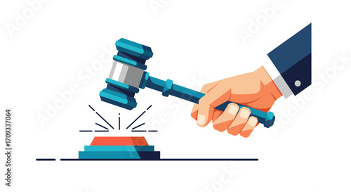 A hand holding a gavel striking a sounding block in a courtroom illustration.