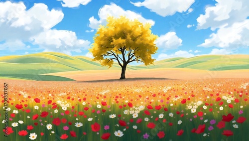 Vibrant autumn tree stands tall in a field of colorful wildflowers under a blue sky