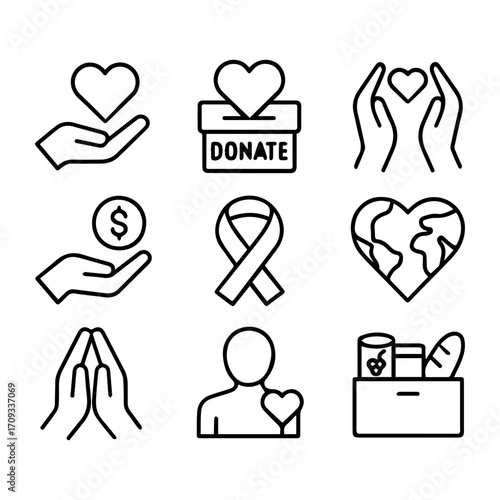 Symbolic Icons of Charity Donation and Compassion Represented in Simple Outlines.