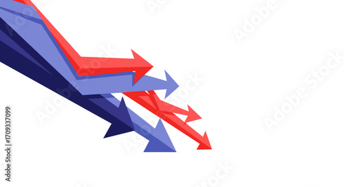 Red and blue arrows pointing in different directions symbolizing conflict and disagreement.