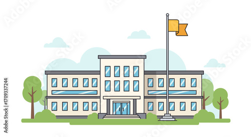 A modern school building with trees and a flag flying high on a flagpole under a cloudy sky.