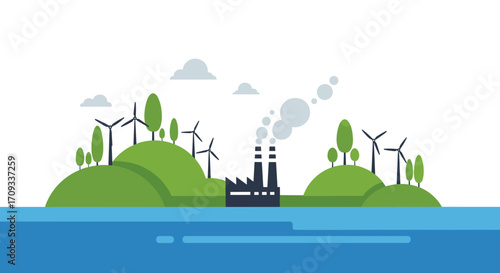 A sustainable industrial landscape with renewable energy sources and a factory emitting smoke into the sky.