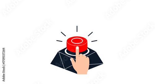A hand presses a glowing red button on a faceted pedestal, initiating an action with emanating light rays.