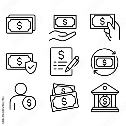 Black Line Art Depicting Financial Transactions and Banking Concepts.