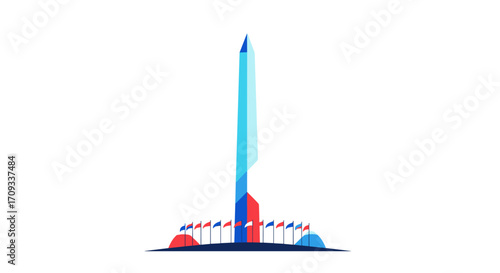 An abstract representation of a tall monument surrounded by small flags on a circular base.