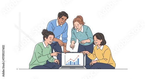 A diverse team of colleagues collaborating on a business project, analyzing a statistical growth chart on a laptop. Vector Illustration